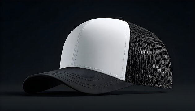 Blank trucker style baseball cap with a white front panel and black mesh back, positioned on a solid black background showcasing modern design for customizable branding
