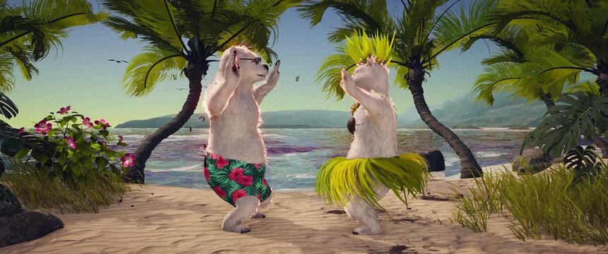 3D Animation of a Couple of Polar Bears Dancing on Tropical Beach, Romantic Travel Getaway with Exotic Island, Palm Trees, Ocean, Paradise Holiday, Ideal for Love, Honeymoon, and Valentine&rsquo;s Day.