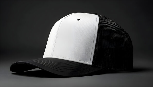 Blank trucker style baseball cap with a white front panel and black mesh back, positioned on a solid black background showcasing modern design for customizable branding