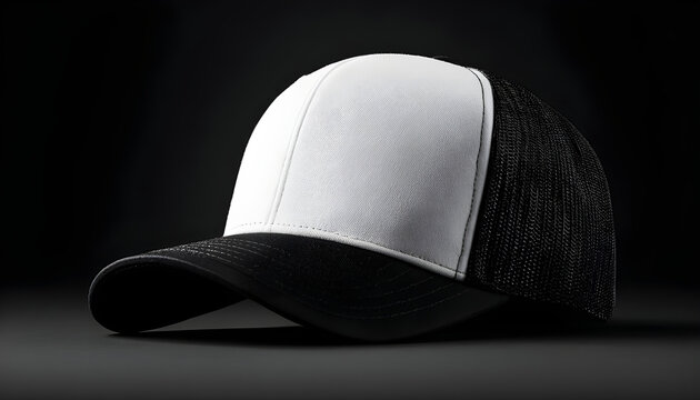 Blank trucker style baseball cap with a white front panel and black mesh back, positioned on a solid black background showcasing modern design for customizable branding