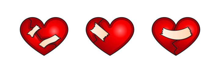 Set of Broken Heart Icons with Bandages and Plasters for Sadness or Healing Concept