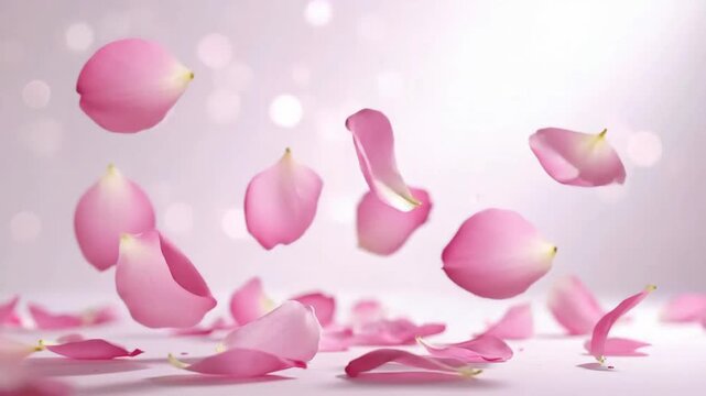 Delicate pink rose petals falling gracefully against a soft, dreamy background.