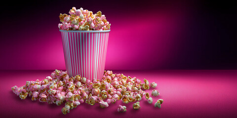Bucket of colorful popcorn spilled on pink background  