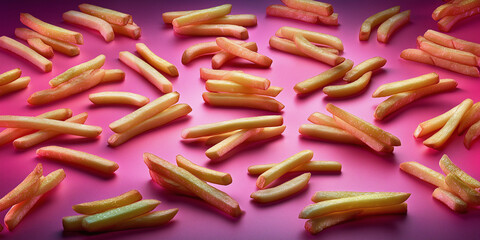 Fototapeta premium Colorful fries scattered on pink background in abstract style 