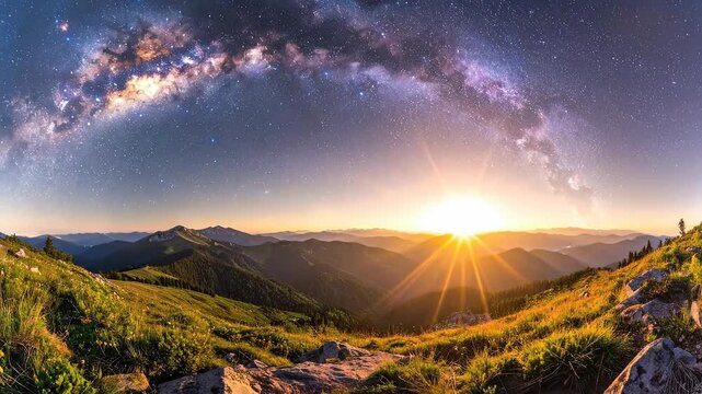 Majestic mountain landscape featuring a vibrant Milky Way arching over a stunning sunrise.