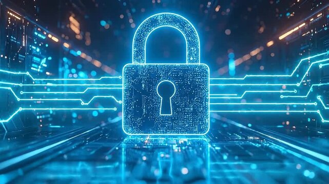 Digital security concept with glowing padlock icon on a futuristic circuit board background.