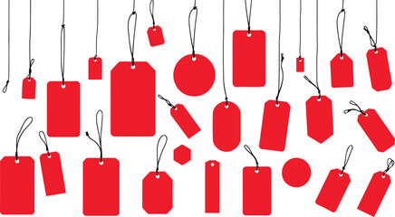 A collection of red and white price tags and blank paper labels featuring strings and retail icons for a business sale or shopping market design vector