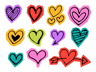 Colorful Hand Drawn Heart Stickers Collection. Vector Set of Funky Crayon Scribble and Marker Doodle Love Shapes. Cute Paper Cut Style Collage Elements for Valentine's Day, Wedding, and Scrapbooking D