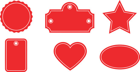 Set of red star icons, labels, and stickers featuring heart shapes and romantic ribbon banners for Valentine's Day celebration design and web card decoration
