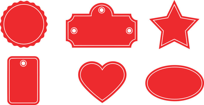 Set of red star icons, labels, and stickers featuring heart shapes and romantic ribbon banners for Valentine's Day celebration design and web card decoration