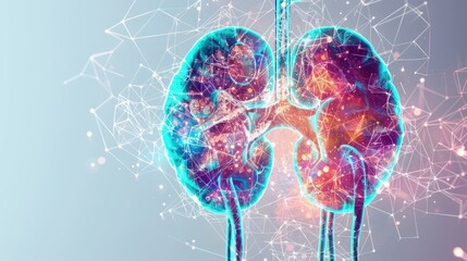 Visualization of glowing human kidneys with a complex network of luminous lines and structures. The construction of the anatomical organ of the human kidney.