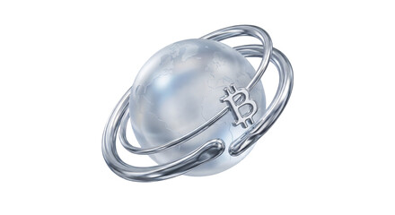 Futuristic 3D Frosted Glass Globe with Liquid Chrome Bitcoin Orbit Icon