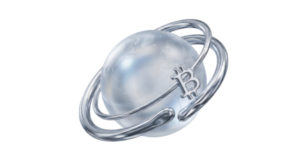 Futuristic 3D Frosted Glass Globe with Liquid Chrome Bitcoin Orbit Icon