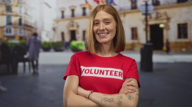 Woman volunteer wearing red shirt stands smiling outdoors in urban town setting with arms crossed displaying tattoos against a city backdrop.