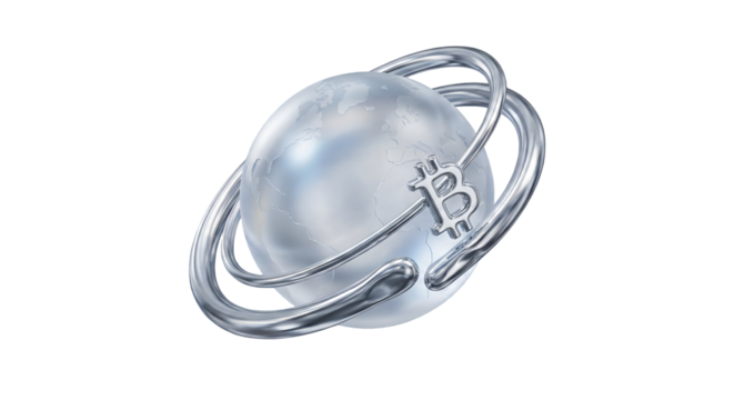 Futuristic 3D Frosted Glass Globe with Liquid Chrome Bitcoin Orbit Icon - Powered by Adobe