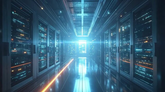 Futuristic server room with glowing lights, showcasing data storage and processing capabilities.