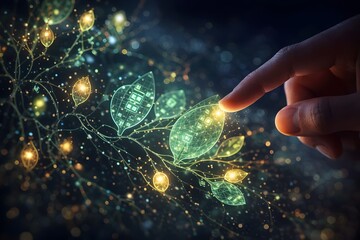 Finger touching glowing digital tree leaves symbolizing connection between nature and advanced futuristic biotechnology concepts