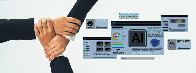 A collaborative scene featuring hands working together alongside digital screens displaying artificial intelligence data and business strategies, highlighting teamwork in technology. Trope