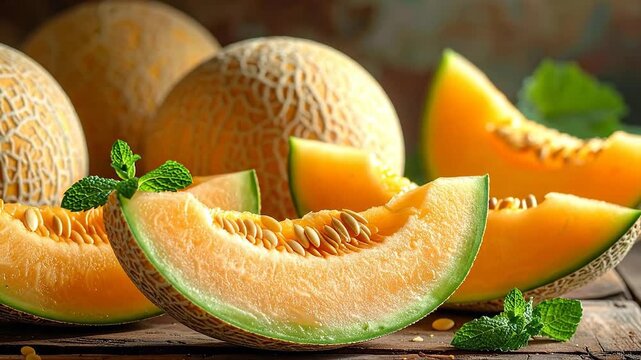 Fresh cantaloupe slices with mint leaves on a rustic wooden table, ready to eat.
