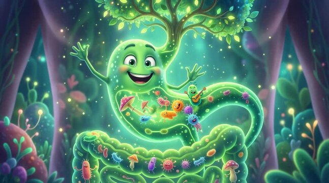 Happy stomach and intestines filled with friendly microbes and glowing flora