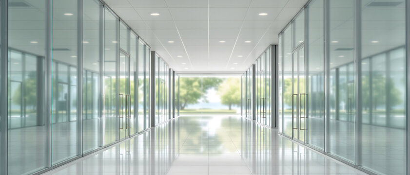 Modern empty white office interior with panoramic generic brand and city view. Spacious bright corporate hall with glossy floor and minimalist design for business background or architectural