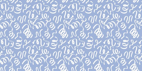Seamless pattern with hand-drawn curly ribbons and festive streamers on a soft blue background. Minimalist aesthetic for celebratory wallpaper, textile design, or gift wrapping paper.