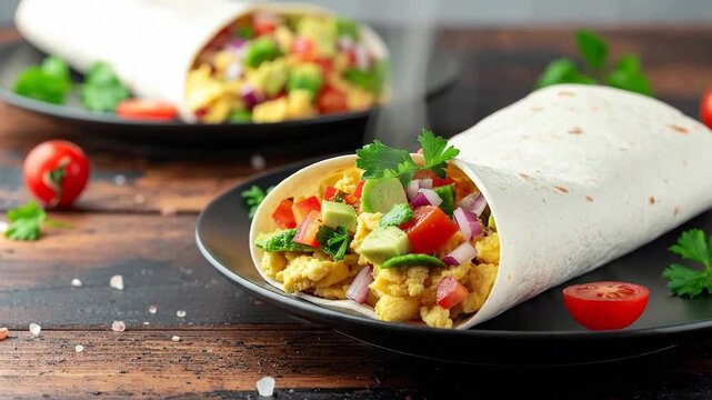 Delicious breakfast burrito filled with scrambled eggs, avocado, and fresh vegetables on a plate.