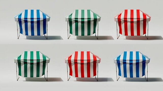 A series of colorful striped canopies, showcasing variations and arrangements against neutral