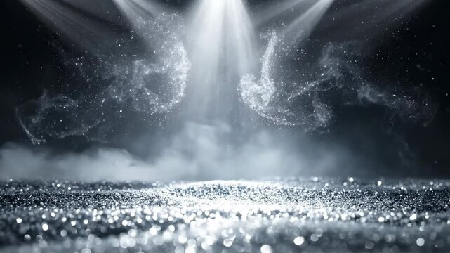 Abstract glittery silver background with spotlights and smoke, creating a magical and festive atmosphere.