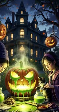 halloween, calabaza, bruja, oto&ntilde;al, vacaciones, dibujos animados, horror, noche, vector, luna, asustadizo, bate, ilustraci&oacute;n, gorros, corruptamente, octubre, duende, moreno, alarmante, felinos, negro,