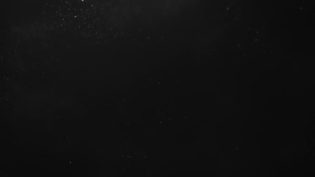 Slow motion of real white dust particles floating in the water over a black background. Ideal for overlays and atmospheric effects