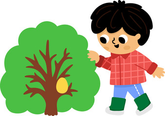 Boy searching for egg in a bush. Vector Easter egg hunt concept. Cute kid icon. Spring holiday illustration. Woodland or forest children clipart isolated on white background
