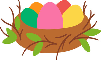 Vector nest with colored eggs. Farm or Easter village illustration isolated on white background. Cute spring holiday symbol clipart for kids