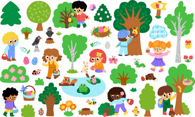 Vector Easter egg hunt clipart set. Cute kid icons collection with trees, bushes, insects, colored eggs, basket, nature element. Illustration pack with children looking for eggs in forest