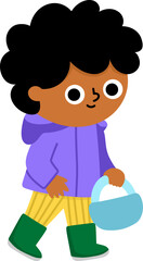 Boy with basket. Vector Easter egg hunt or mushroom gathering concept. Cute kid icon. Spring holiday illustration. Woodland or forest children clipart isolated on white background