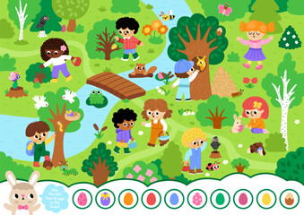 Obraz premium Vector searching game with Easter egg hunt landscape. Spot ten hidden eggs in forest. Woodland seek and find printable activity for kids. Spring holiday worksheet with children, trees, animals