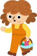 Girl with basket with colored eggs. Vector Easter egg hunt concept. Cute kid icon. Spring holiday illustration. Happy children clipart isolated on white background