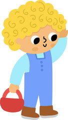 Boy with basket. Vector Easter egg hunt or mushroom gathering concept. Cute kid icon. Spring holiday illustration. Woodland or forest children clipart isolated on white background