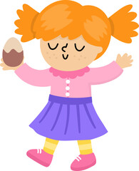 Happy joyful girl holding chocolate egg. Vector Easter egg hunt concept. Cute kid icon. Spring holiday illustration. Children clipart isolated on white background