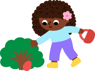 Girl with basket searching for egg in a bush. Vector Easter egg hunt concept. Cute kid icon. Spring holiday illustration. Woodland or forest children clipart isolated on white background