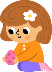 Happy joyful girl holding chocolate egg. Vector Easter egg hunt concept. Cute kid icon. Spring holiday illustration. Children clipart isolated on white background