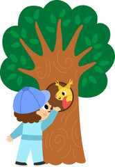 Boy searching for Easter egg in the tree hollow with squirrel. Vector Easter egg hunt concept. Cute kid icon. Spring holiday illustration. Woodland or forest children clipart isolated on white
