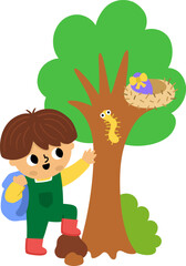 Boy searching for egg in the nest on tree. Vector Easter egg hunt concept. Cute kid icon. Spring holiday illustration. Woodland or forest children clipart isolated on white background