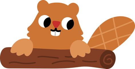 Vector beaver on a log icon. Cute forest or woodland animal isolated on white background. Adorable illustration for kids. Funny spring or Easter village character with piece of wood and tail