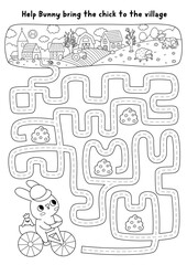 Obraz premium Easter village black and white maze with bunny on bicycle going to church with chick. Line labyrinth game with hare on bike. Spring holiday printable activity, coloring page with country scene