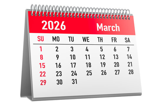 March 2026, desk calendar starting Sunday. 3D rendering