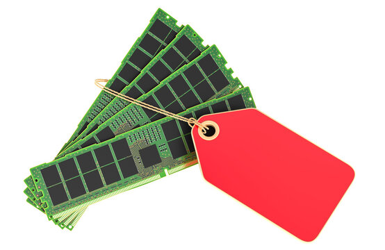 RAM memory modules with price tag, cost concept. 3D rendering