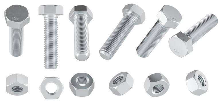Hex bolts and nuts shown from different angles. 3D rendering