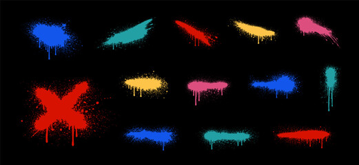 Collection of colorful graffiti spray paint drips, splatters, and a red cross on a black background. Ideal for urban and street art designs.