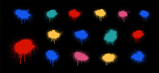 Vibrant set of colorful spray paint splatters and dripping ink stains on a black background, perfect for graffiti and street art design elements.